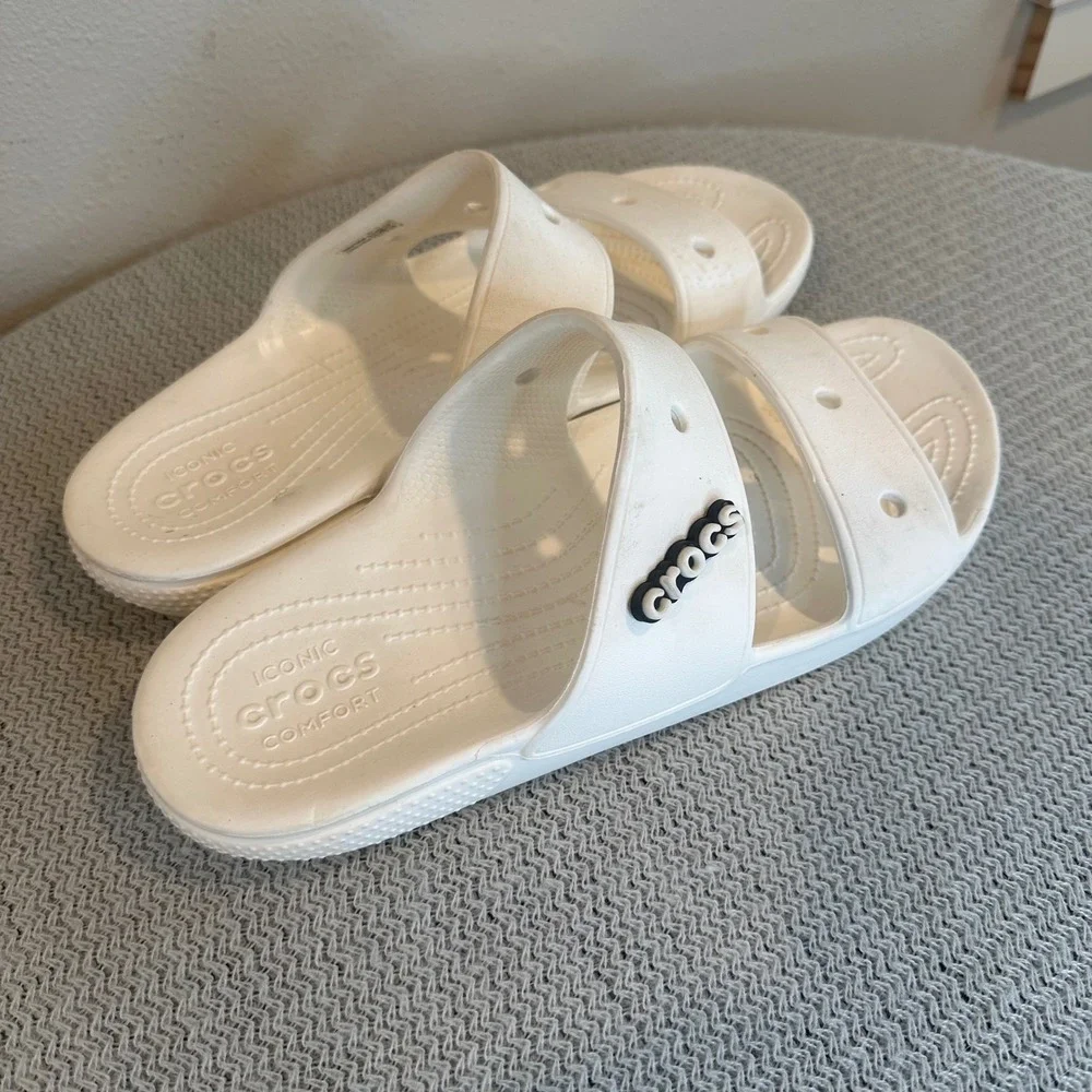 Crocs Classic Slide Sandals Mens 10 White Double Strap Comfortable Slip On Shoes